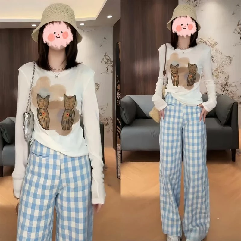 2025春秋韩式新款显瘦防晒长袖T恤上衣百搭格子休闲裤时尚套装女