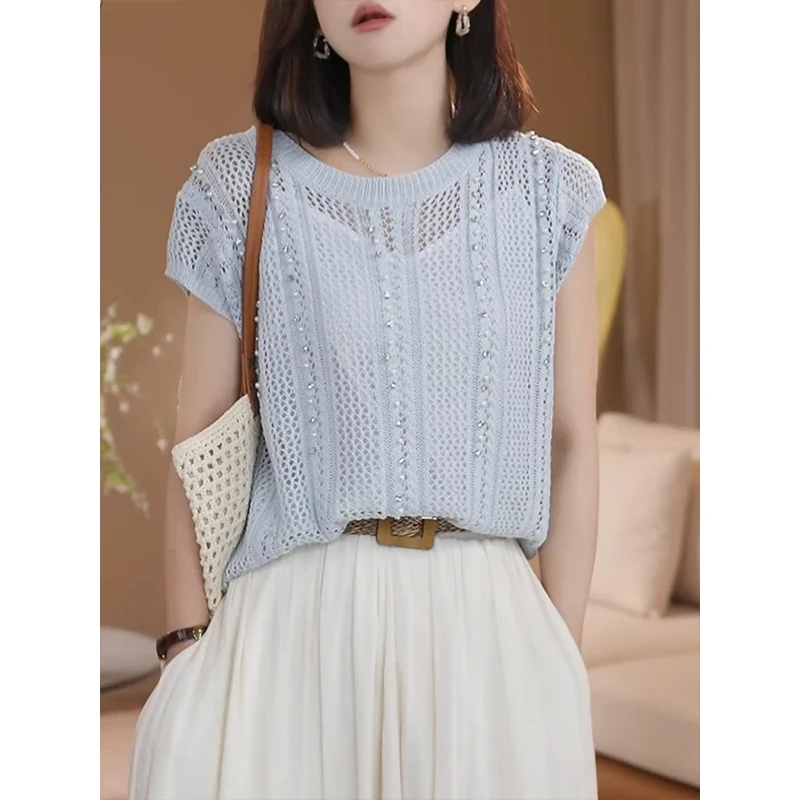 镂空钉珠蓝色针织衫女2025夏季新款短袖t恤显瘦宽松百搭圆领上衣