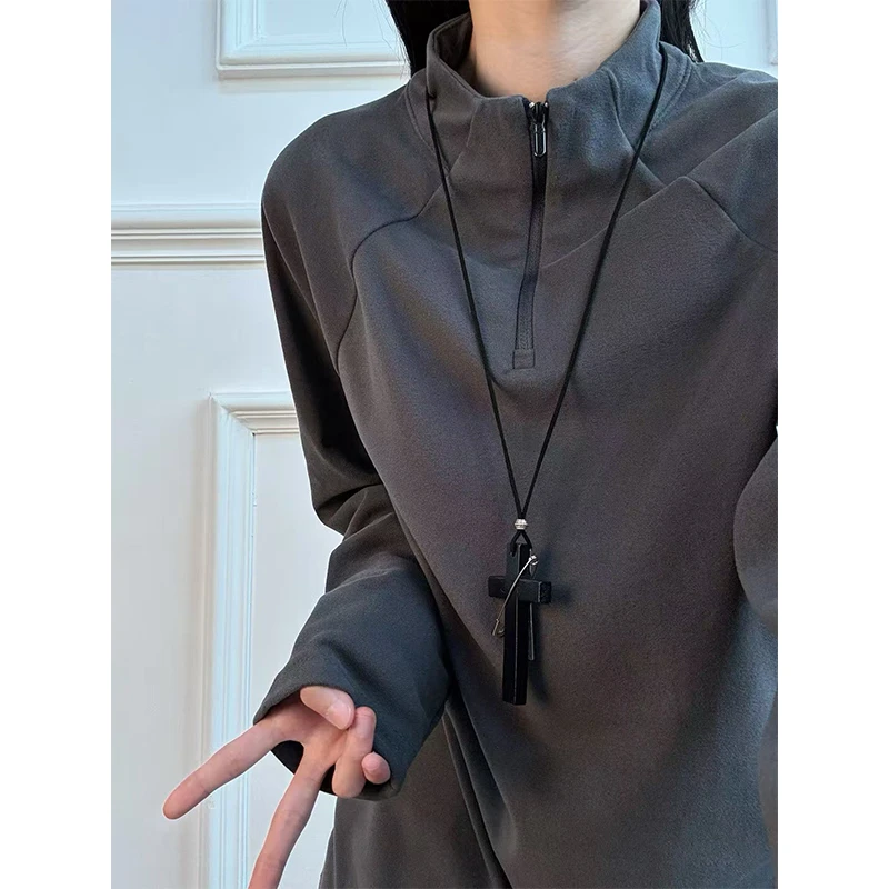 美式半拉链纯色双面绒卫衣秋冬男款宽松休闲长袖T恤情侣立领上衣