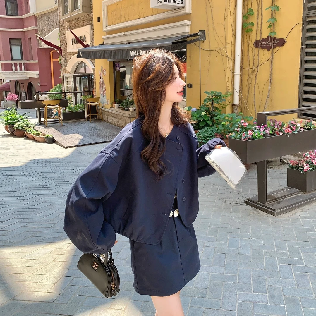 藏青色休闲松弛感套装裙女秋季2025新款小个子外套半身短裙两件套