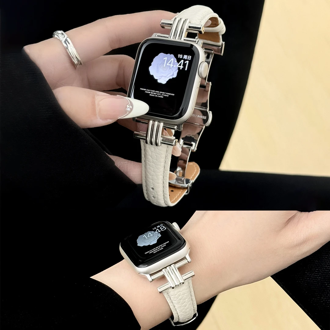 适用苹果手表表带iwatch s10/9/8复古皮质applewatch蝴蝶扣ultra2