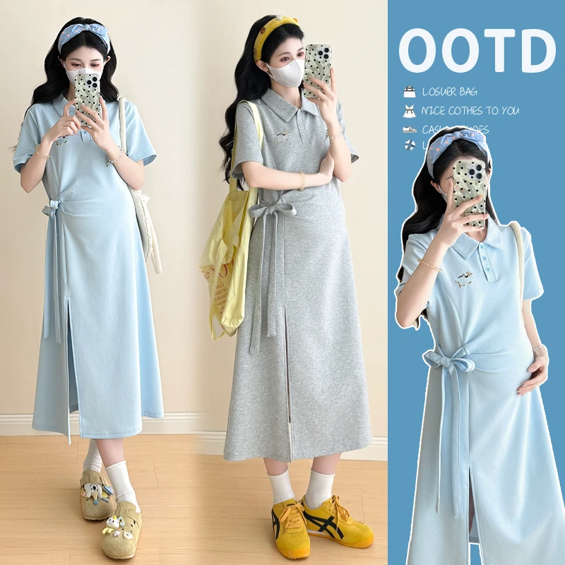 孕妇装夏季新款大码宽松显瘦时尚休闲中长款遮肉连衣裙polo休闲裙