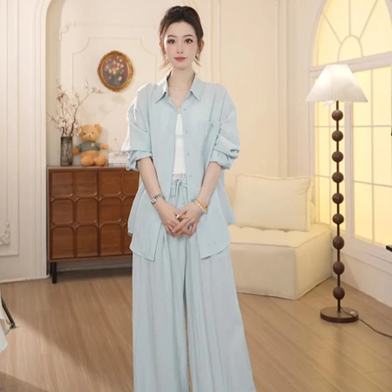 2025春夏新款简约风宽松显瘦长袖衬衫百搭休闲裤两件套女时尚套装