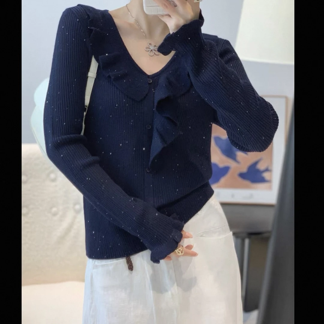 2025秋冬新款荷叶边长袖针织衫上衣毛衣女新款洋气打底毛衫