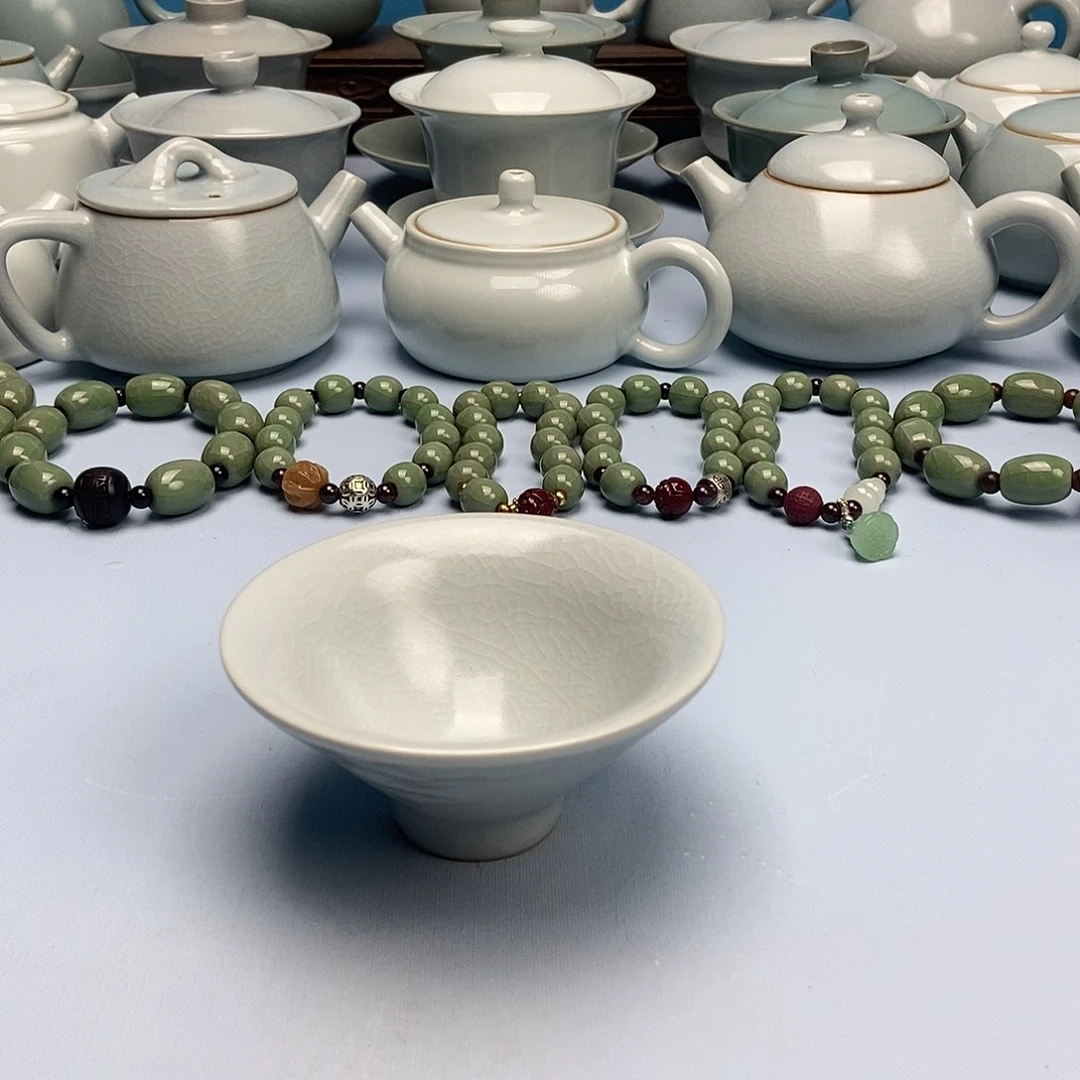 象***者杯仿古月白祥云斗笠杯原矿原釉原产地