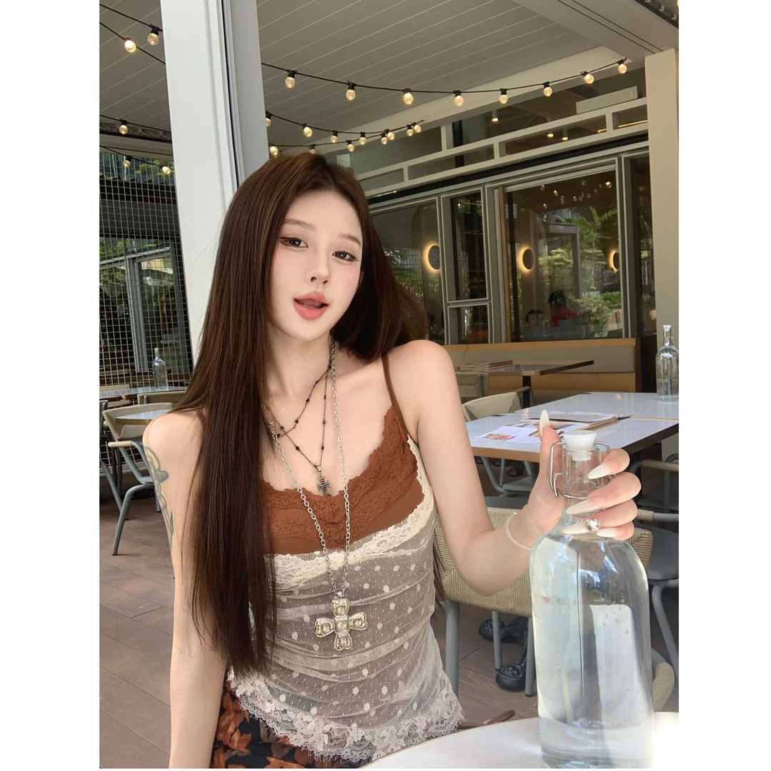 爱丽丝甜梦~复古波点蕾丝假两件吊带背心夏季外穿辣妹上衣带胸垫