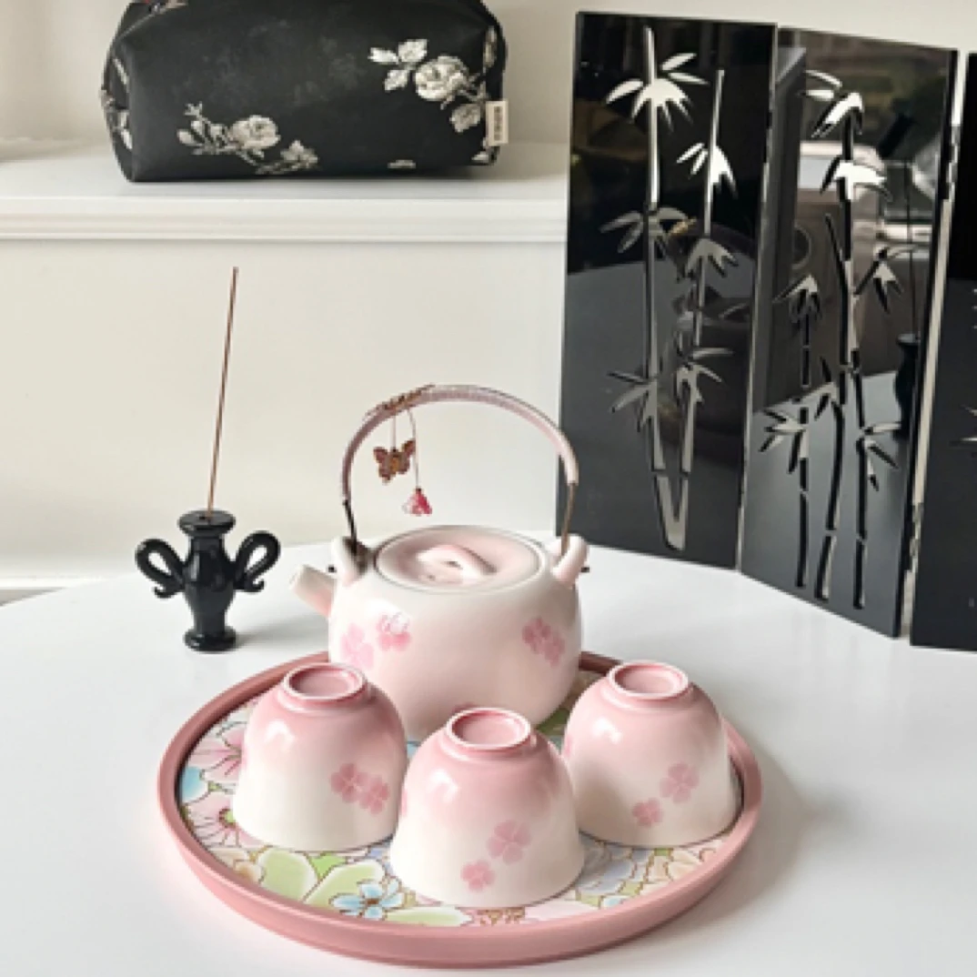 高颜值轻奢四叶草渐变粉一壶三杯带茶盘提梁壶泡茶杯简约家用送礼