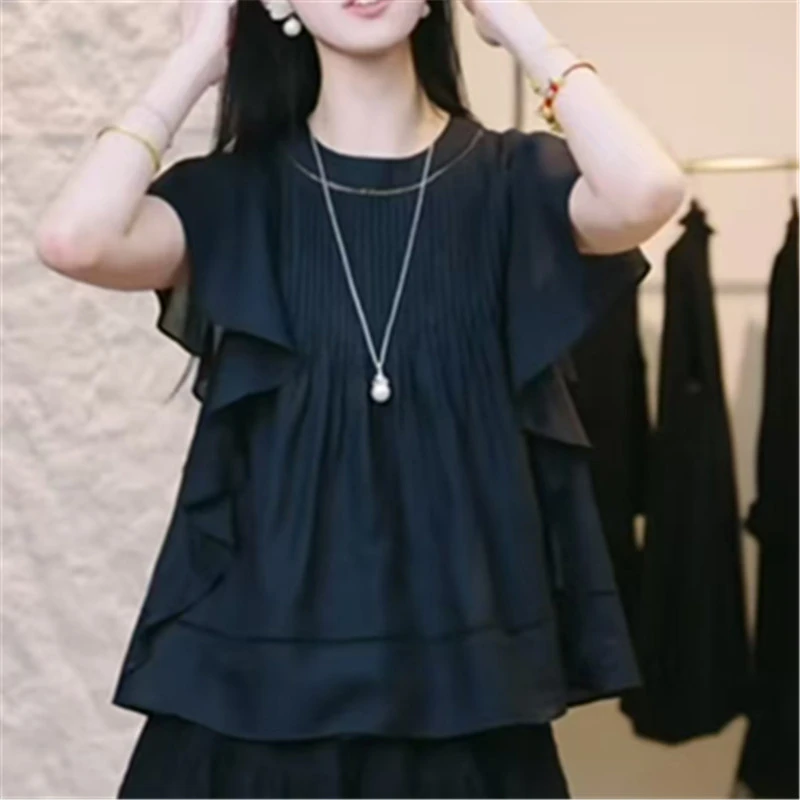 短袖短款荷叶边拼接气质常规款圆领洋气纯色衬衫百搭衬衣套头上衣