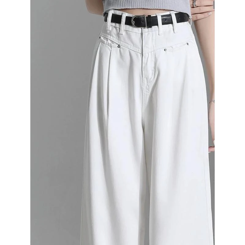 高腰白色直筒牛仔裤女薄款秋冬2025新款前开袋宽松显瘦阔腿拖地裤
