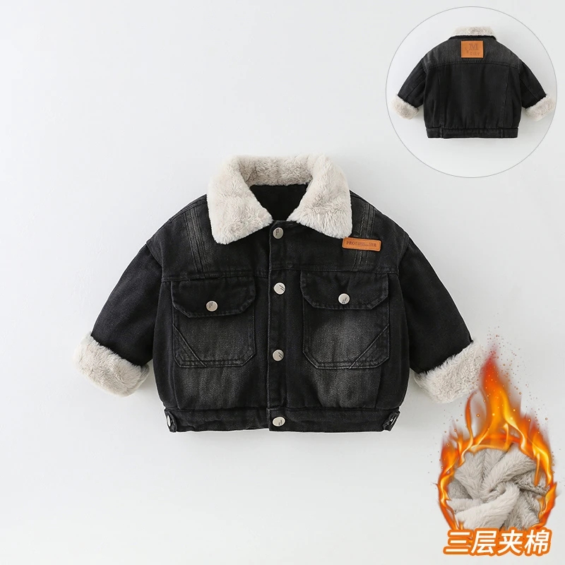 SCBEBE儿童牛仔外套冬季2025新款男童贴标翻领外套AW757