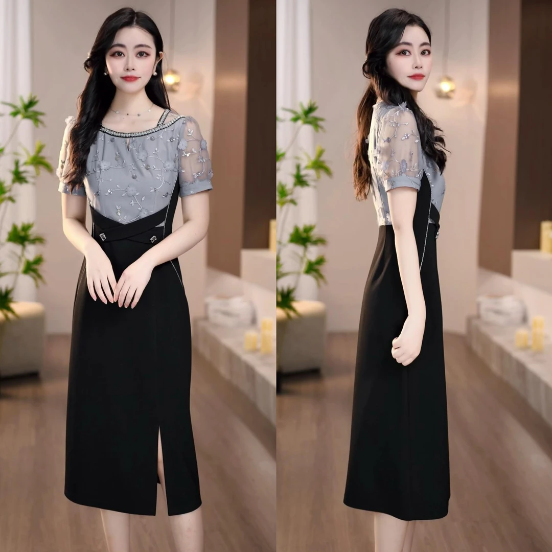 2025夏季新款浅灰藤蔓绣花精致浪漫假两件设计连衣裙M-4XL