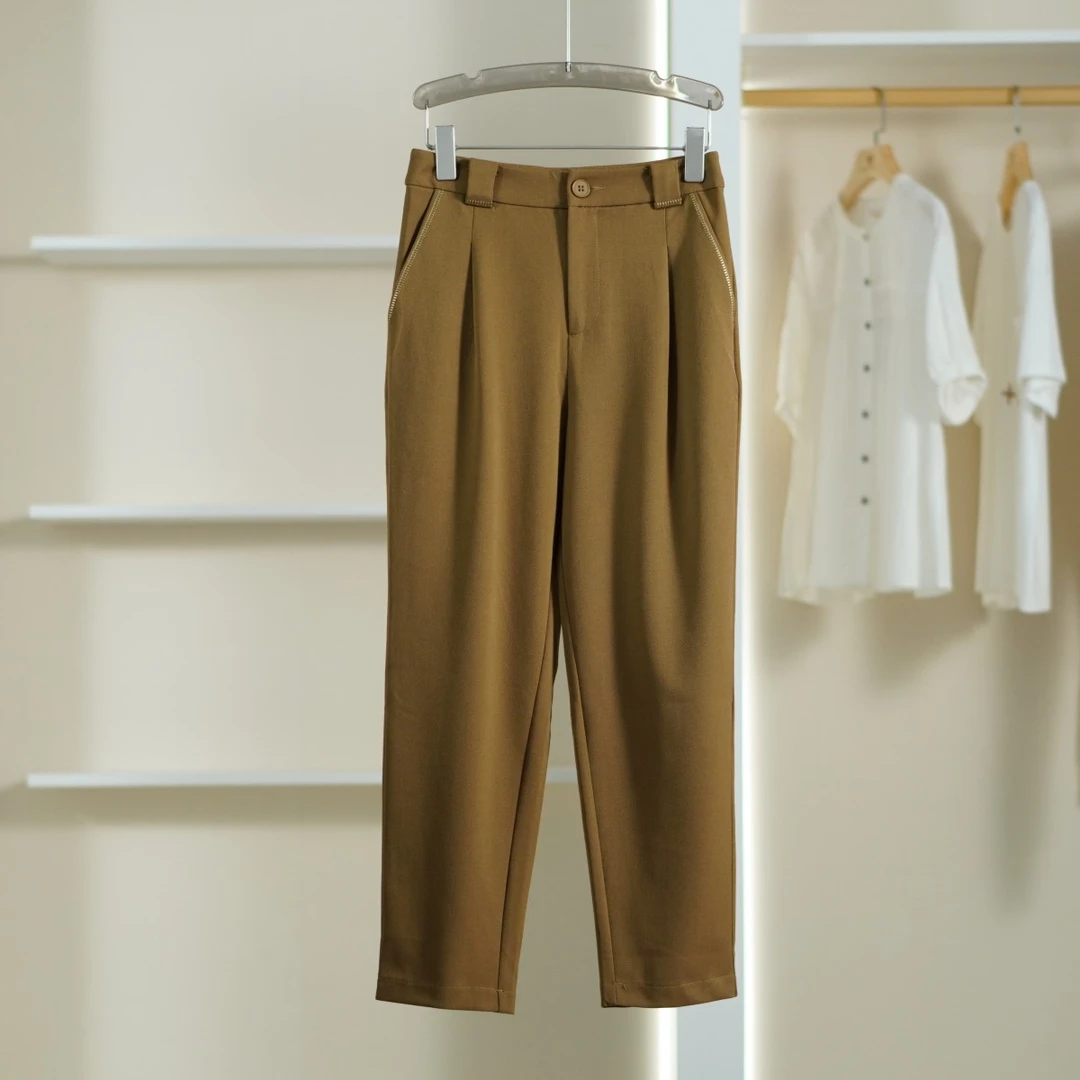 【诗M】Y341-1 女装春简约精致绣线九分休闲裤茶棕色22325018