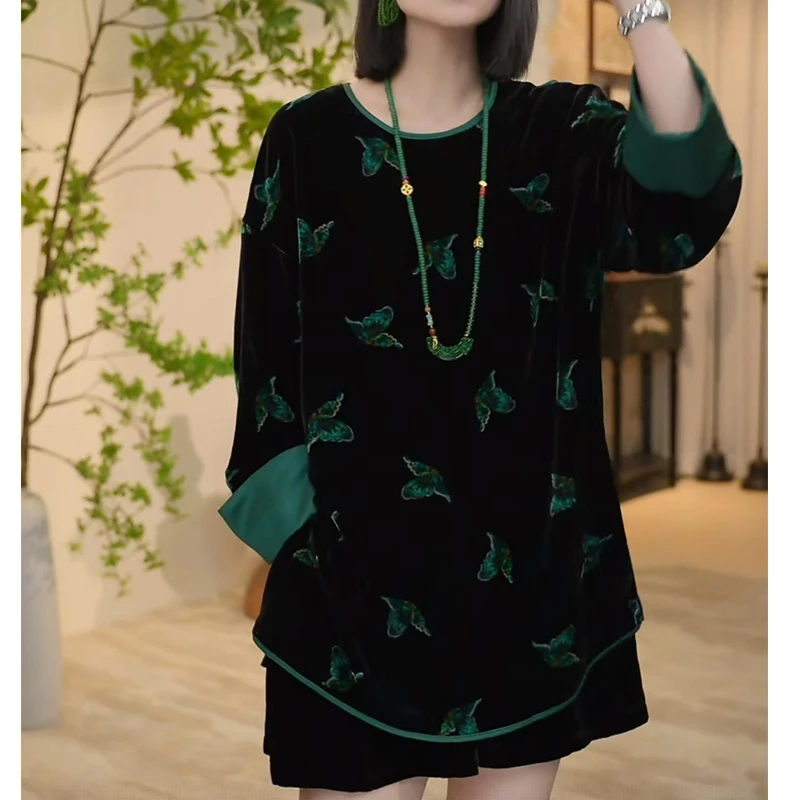 新中式国风印花挽袖黑色丝绒上衣女2025新款气质禅意宽松打底衫