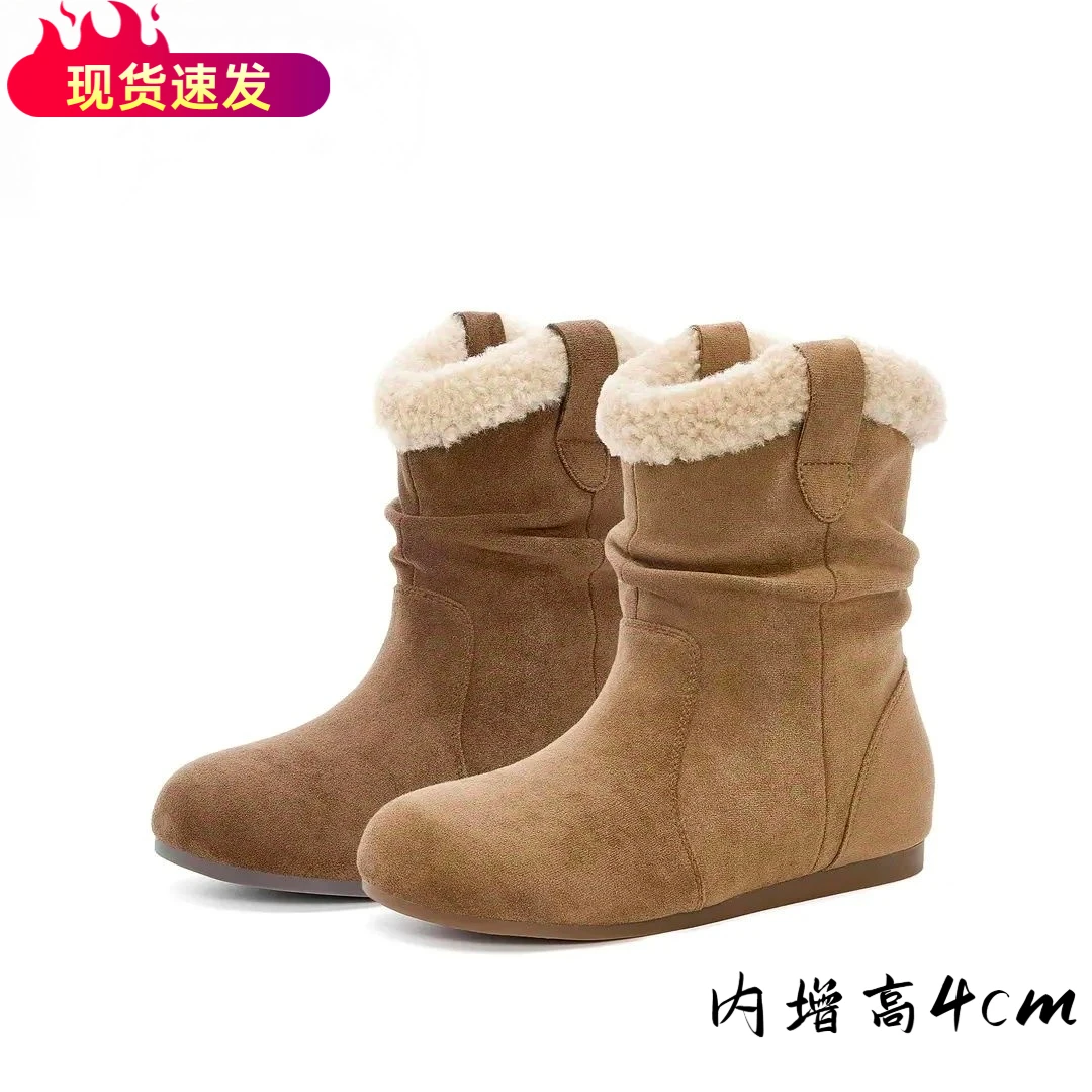 复古圆头保暖雪地靴女2025新款冬季加绒毛毛棉靴内增高勃肯短靴子