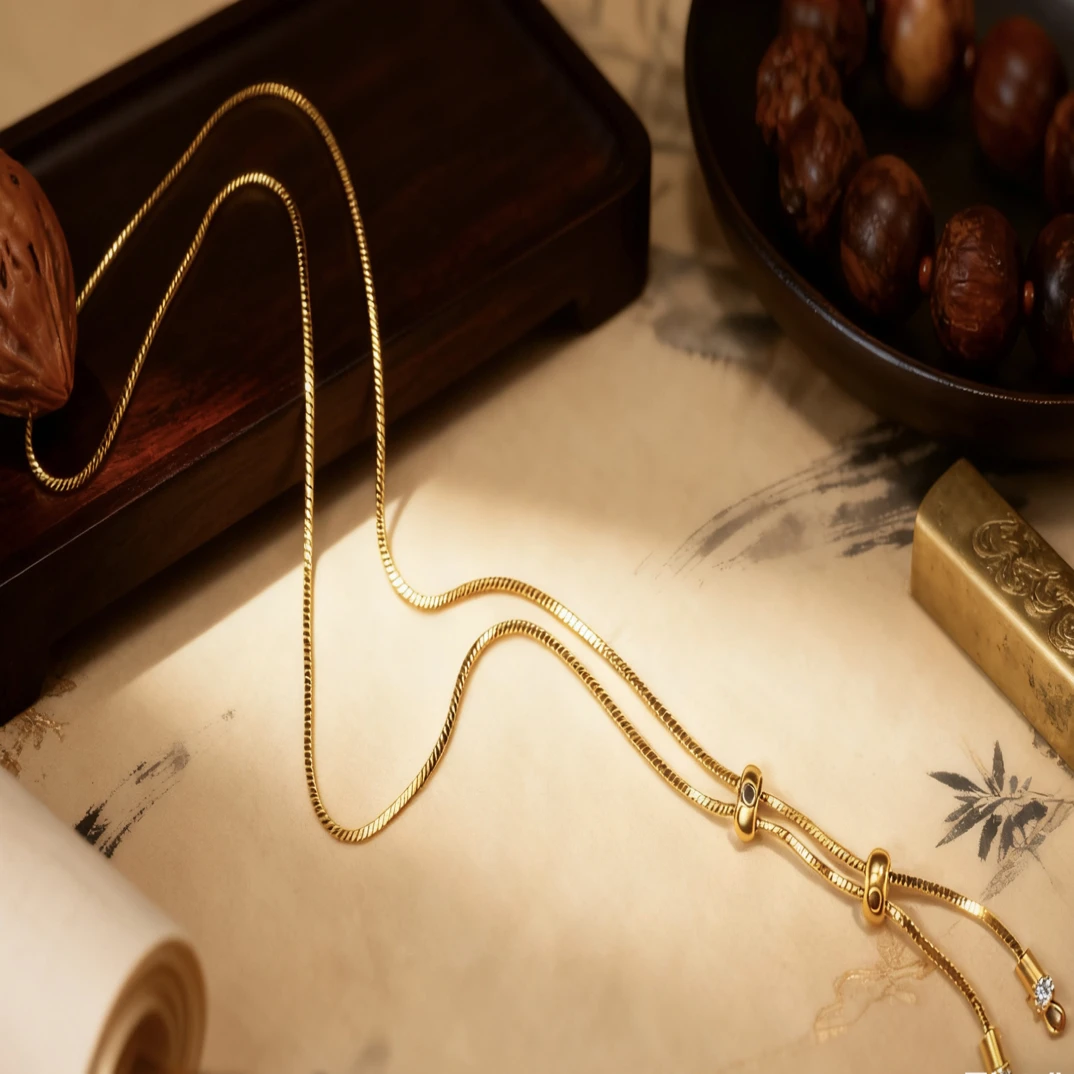 钛钢项链 气质轻奢万用电镀金穿珠复古素款天珠项链金色古风项链