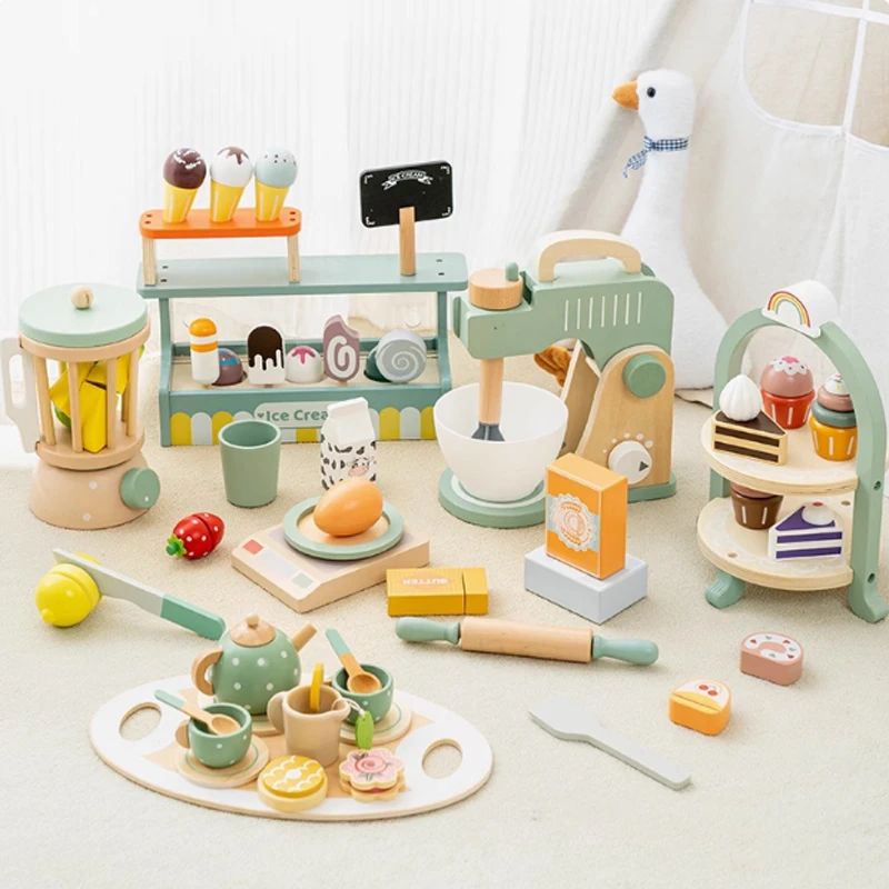 北欧儿童木制过家家玩具仿真下午茶壶茶具甜品蛋糕男女孩厨房