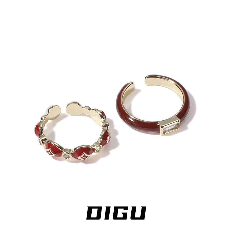 嘀咕家 铜合金合成锆石戒指 新年滴釉戒指女复古指环2024年新款