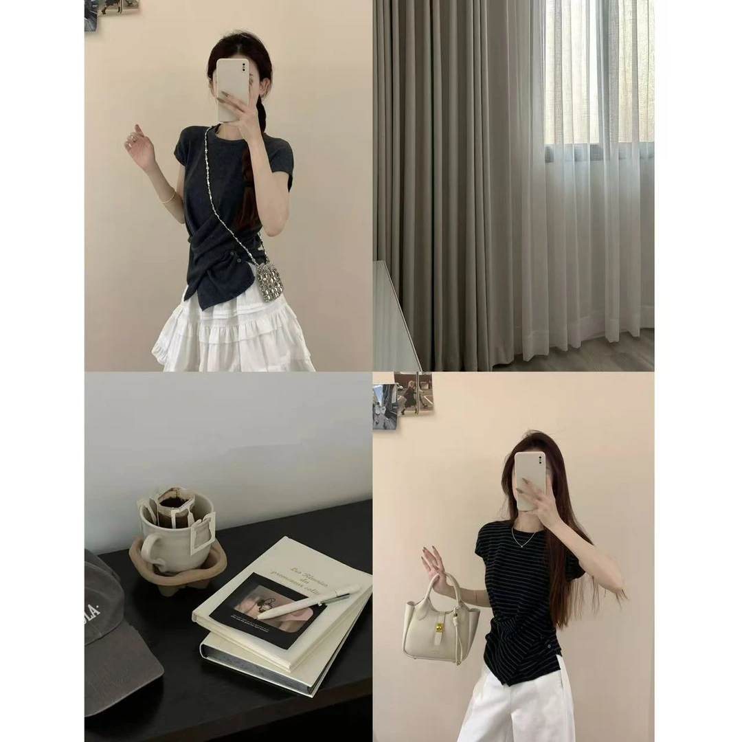 韩系交叉收腰设计显瘦圆领针织衫36888