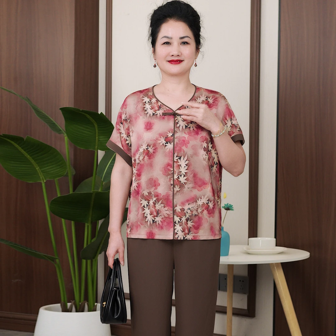 华太太胖妈妈女装夏季洋气大码宽松短袖印花薄款中老年套装B5936