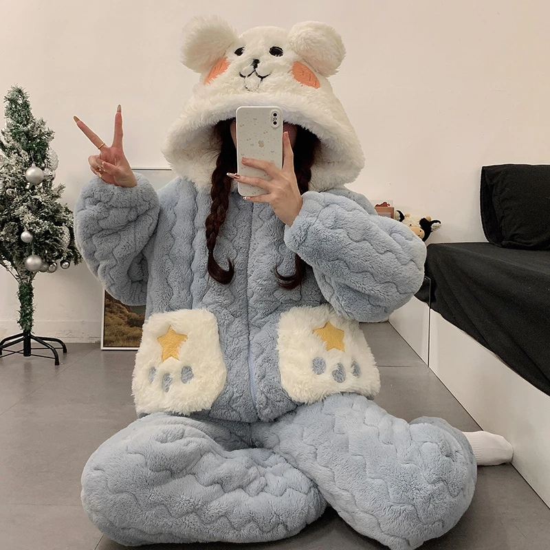 2025新款星星小狗珊瑚绒睡衣女冬季三层夹棉加绒加厚法兰绒家居服