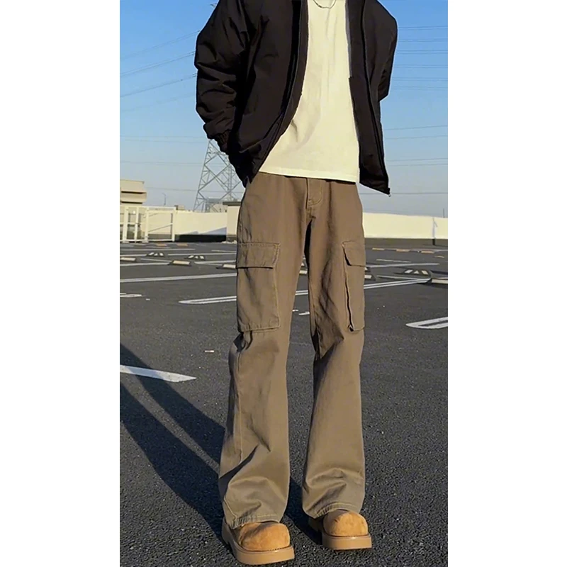 美拉德咖色弯刀工装牛仔裤男款多口袋阔腿裤子美式复古直筒微喇裤