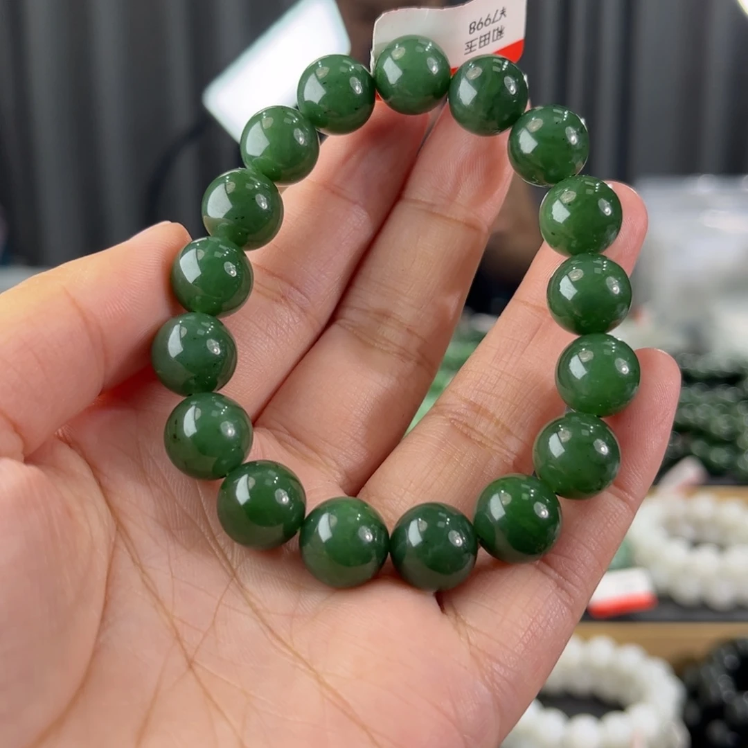 手链未镶嵌和田玉俄料碧玉菠菜绿卡12圆珠