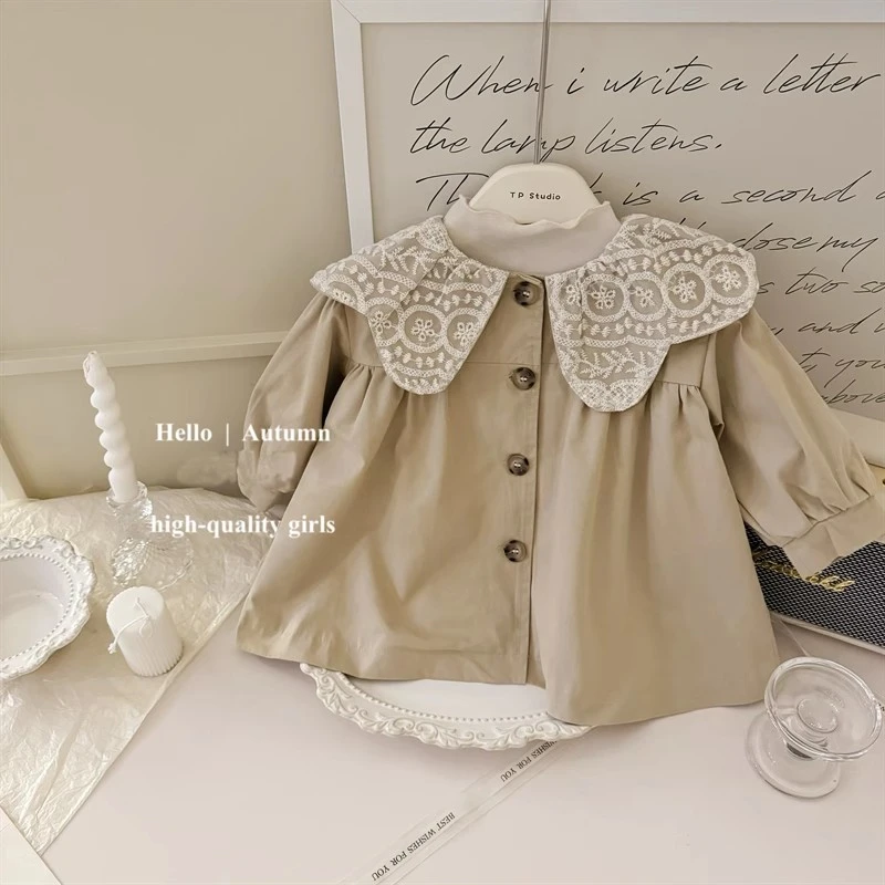 女童风衣2025秋新款娃娃领休闲风韩版单排扣春秋风衣童装洋气