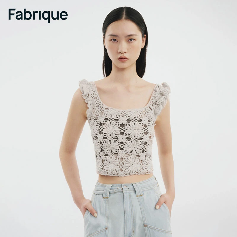 【Fabrique】手工钩花荷叶边吊带镂空针织上衣新款无袖短款上衣女