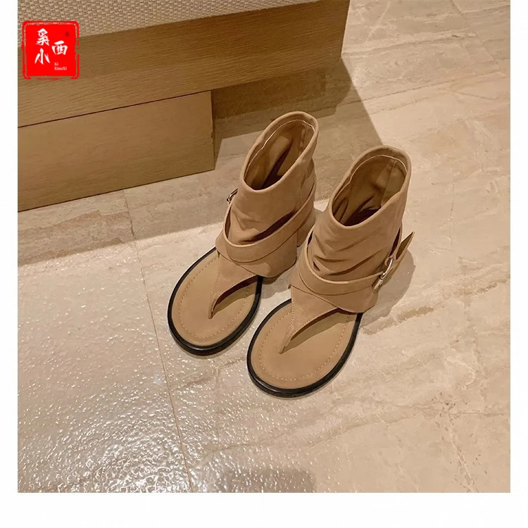 时尚百搭夏季粗跟厚底高跟平底网红休闲复古韩版方头仙女风交叉软