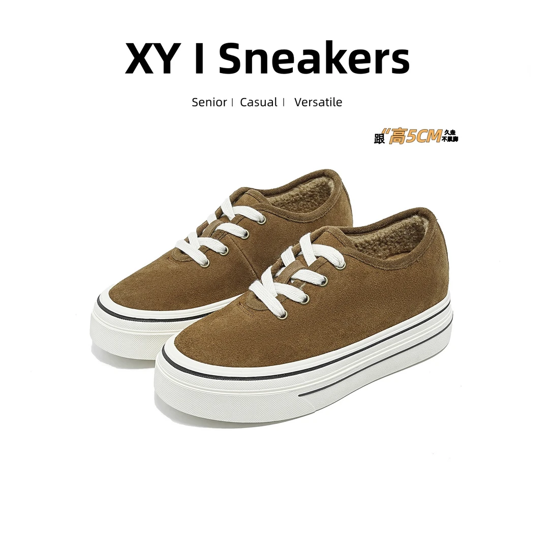 加绒保暖厚底增高板鞋女款2025冬季圆头系带小白鞋女运动百搭女鞋