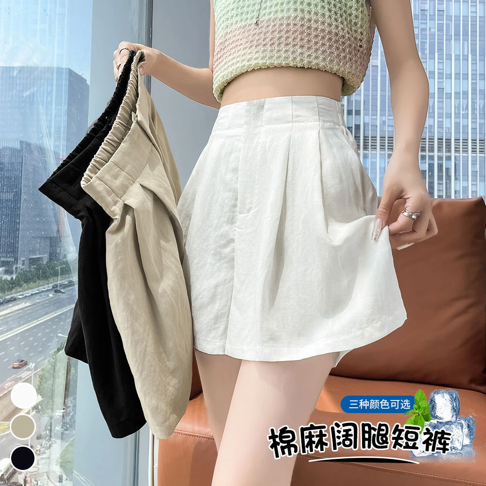 棉麻西装短裤女夏季高腰亚麻a字阔腿休闲显瘦遮胯透气凉感五分裤