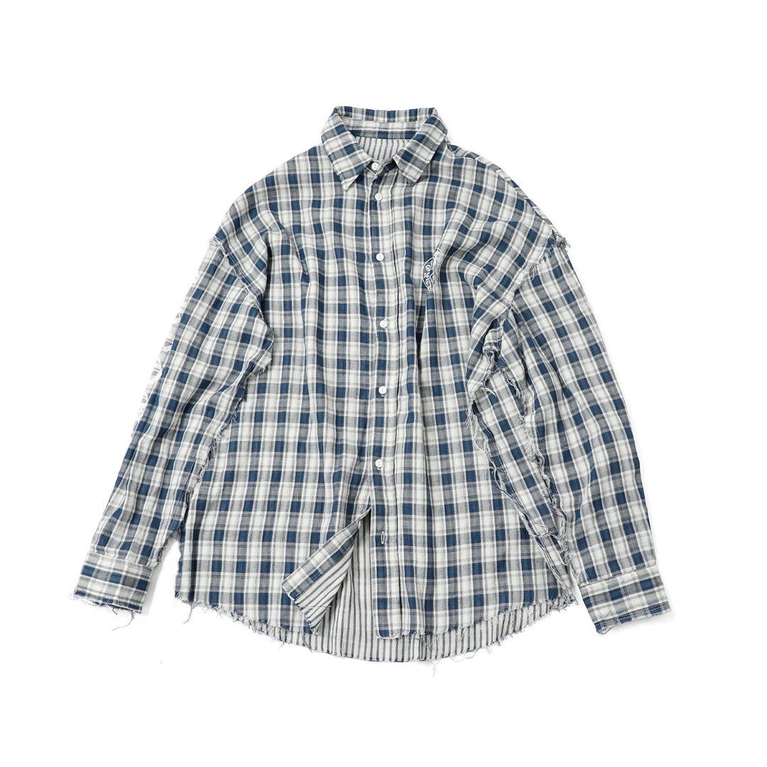 【毛边格纹衬衫】MTCS58198宽松舒适设计感秋季新款做旧潮牌衬衫