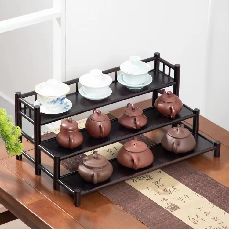 中式阶梯茶杯架置物架茶具茶壶紫砂壶收纳架桌面小博古架展示架子