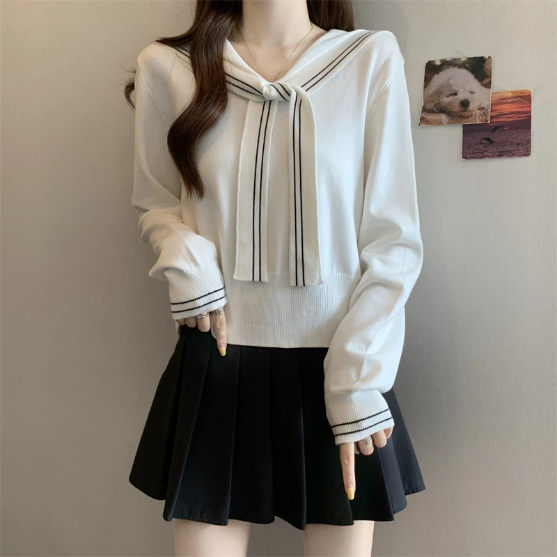 学院风海军领针织衫女秋季大码微胖mm显瘦毛衣洋气内搭打底衫上衣