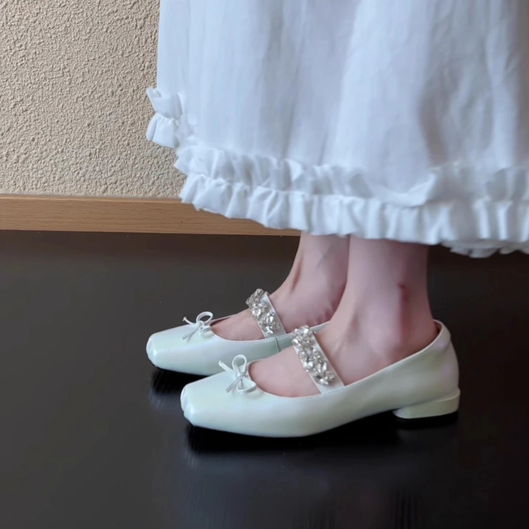 Pokoy-2cm法式复古水钻蝴蝶结一字带浅口单鞋女平底内增高