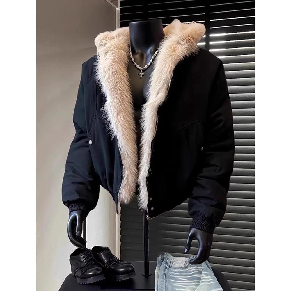 美式cleanfit黑色座山雕棉服外套男冬季加绒加厚毛领连帽夹克棉衣