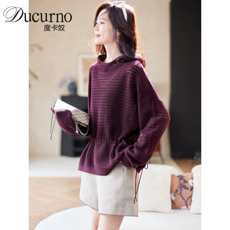 连帽蝙蝠袖镂空收腰毛衣2025年秋季新款韩系宽松慵懒大码针织衫女