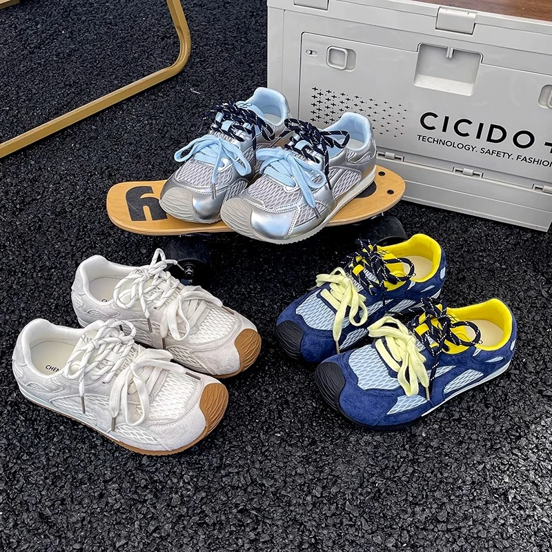 网面德训鞋女2025夏季阿甘鞋软底新款圆头厚底薄款透气休闲运动鞋