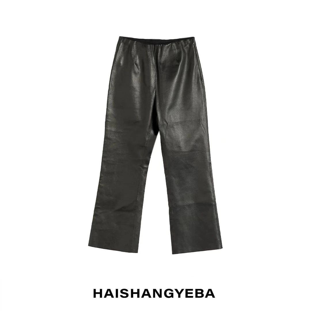 【海上叶爸】新款2025春秋百搭绵羊皮松紧腰弹力直筒小微喇皮裤