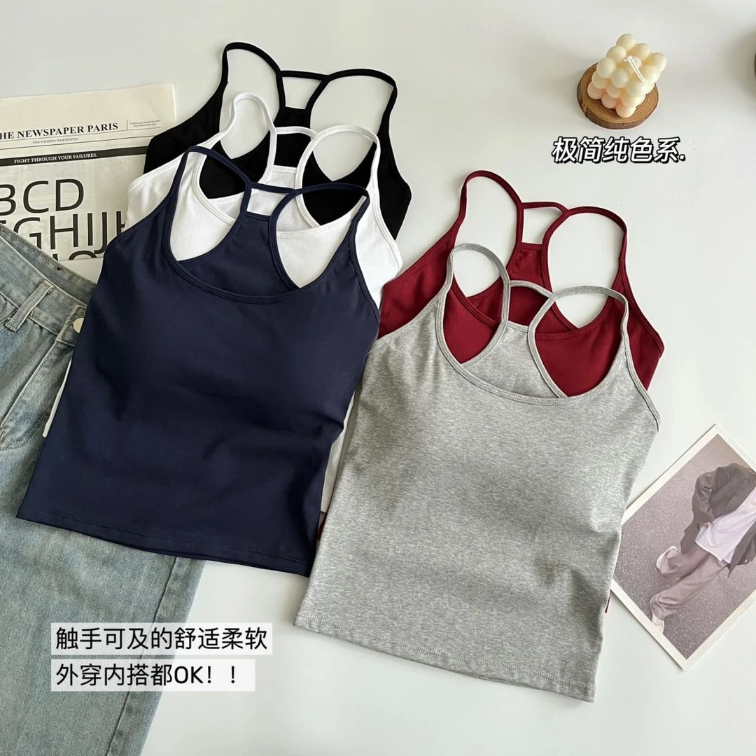 设计感后背镂空性感时尚美背自带胸垫多巴胺背心女工字吊带上衣Y