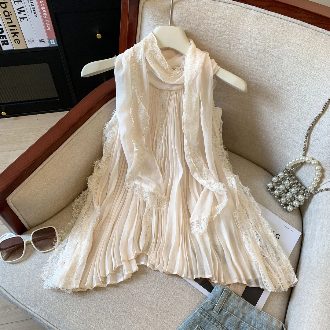 2025新款纯色压褶蕾丝衫女装夏季新款外穿拼接高级感气质无袖上衣