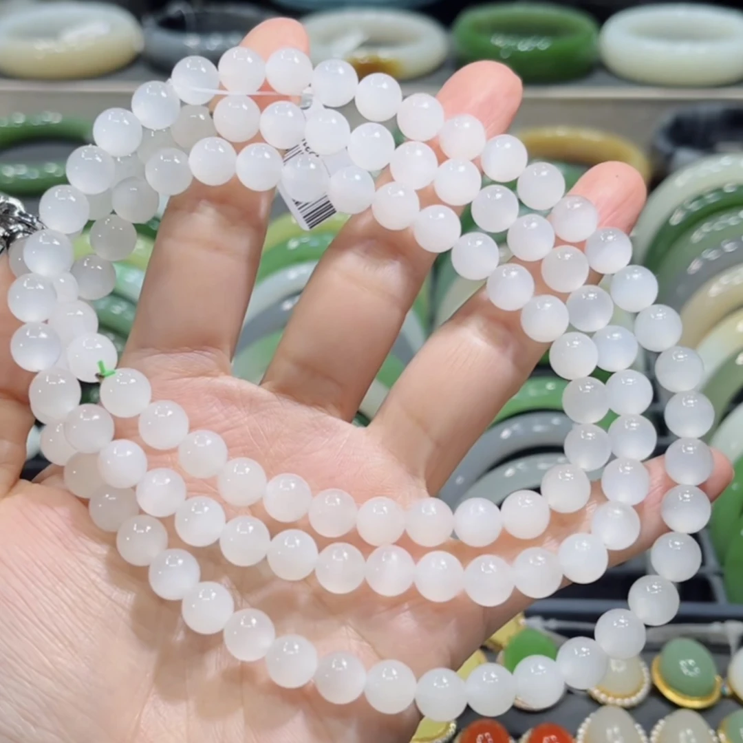 和田玉高冰起荧光猫眼白玉项链多圈手串8mm