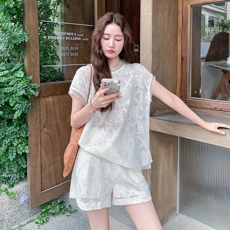 高级感重工蕾丝女夏三件套2025新款 短袖短裤套装 宽松百搭