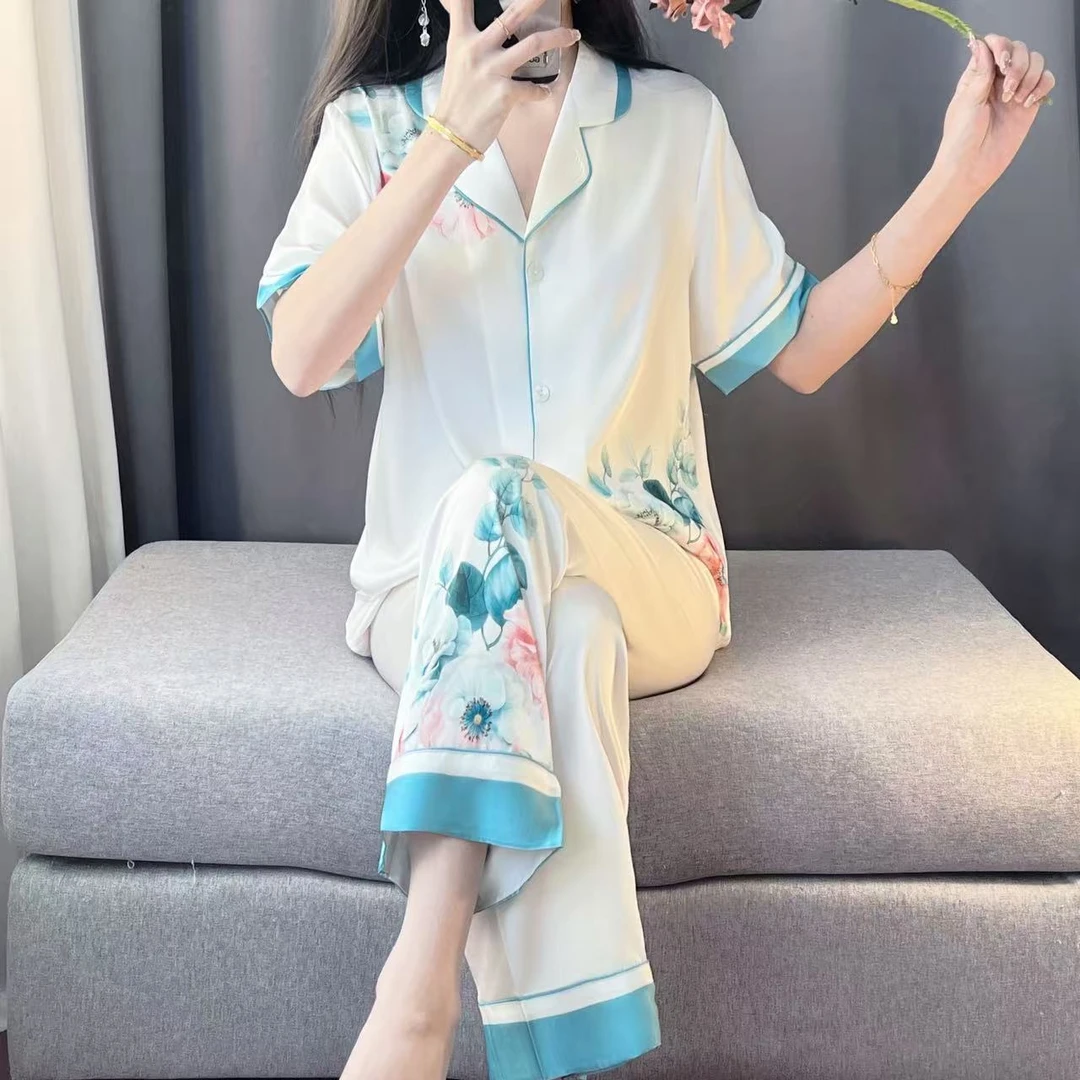 爆款水光绸国风新中式睡衣女夏季短袖长裤睡衣女款爆款2025新款