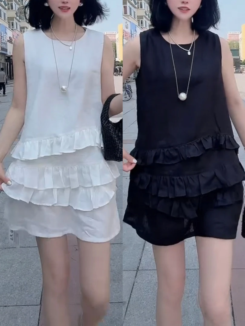 夏季新款设计感百褶棉麻连衣裙无袖洋气减龄荷叶边宽松显瘦裙子