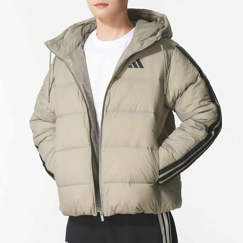 男装2025冬季新款经典三条纹连帽防风运动羽绒服