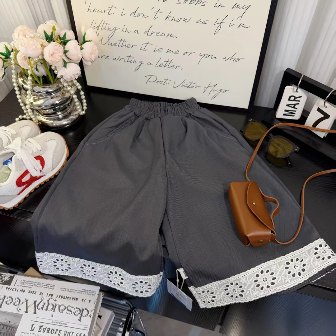 【亲子装】女童薄款阔腿裤2025新款蕾丝拼接花边裤清凉休闲裤夏