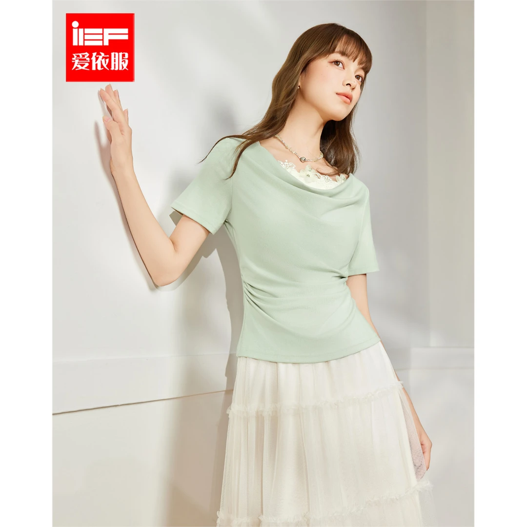 IEF/爱依服2025夏季新款显瘦时尚不规则褶皱气质设计感短袖上衣