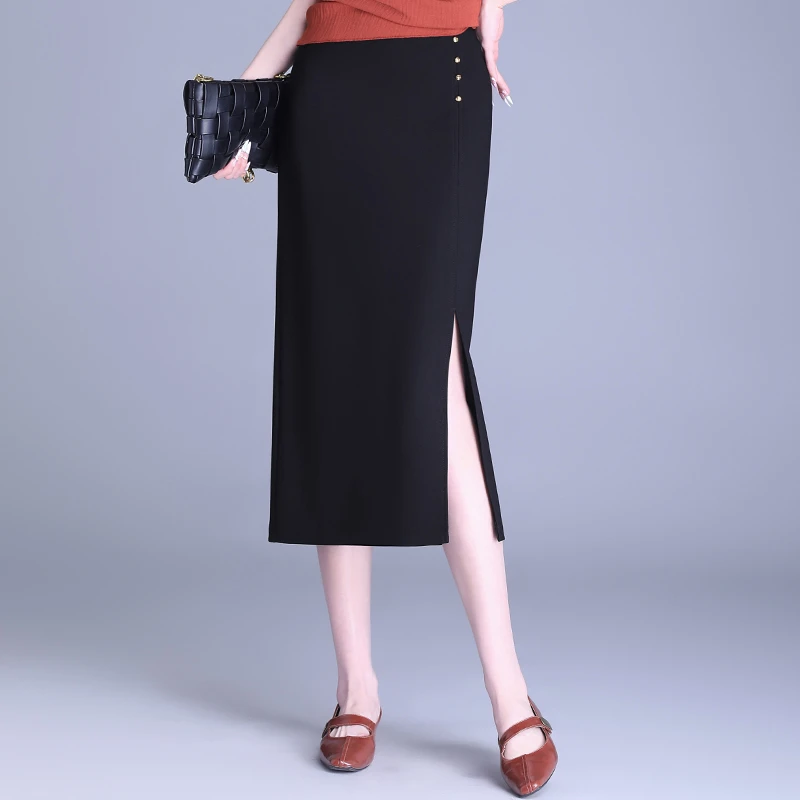 弹力垂感黑色筒裙半身裙女气质春夏中长款包臀裙开叉直筒裙一步裙