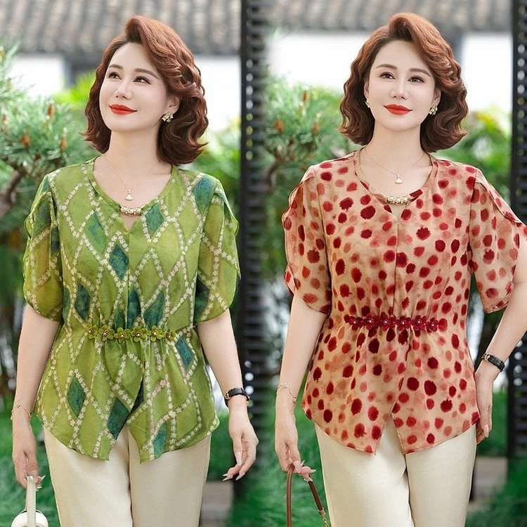 2025夏季新款短袖针织衫中老年薄款针织衫新中式妈妈